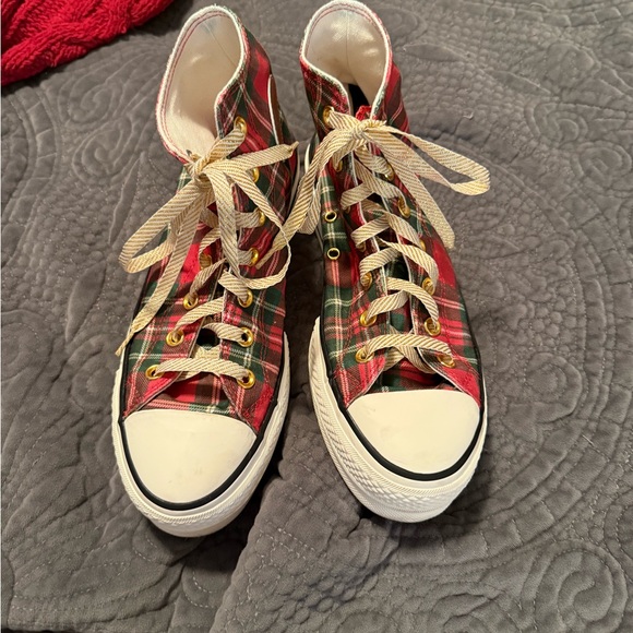 Converse High Top Red Plaid with Gold Laces - Picture 2 of 8